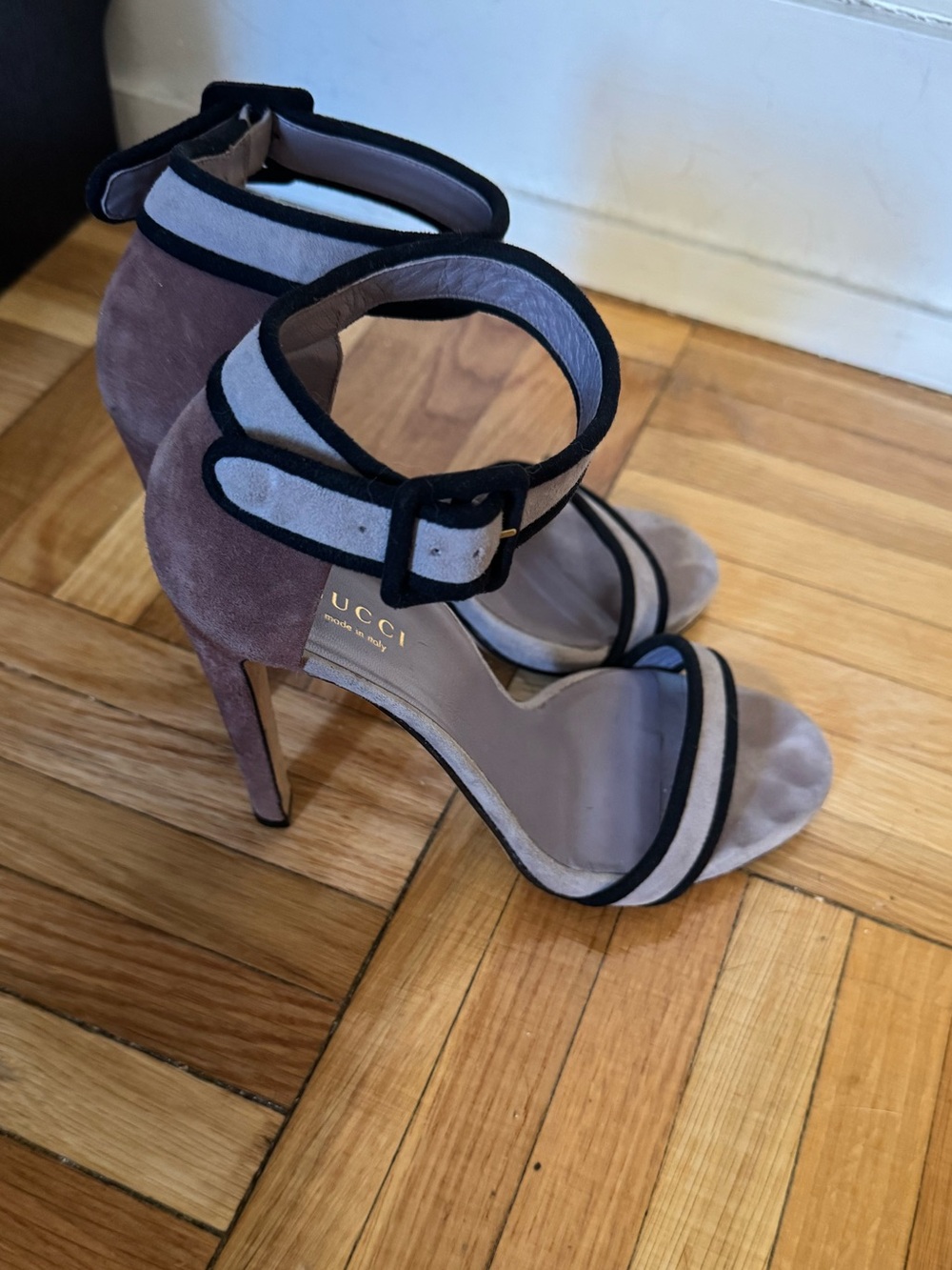 Gucci Suede Colorblock Dusty Rose Beige Ankle Strap Sandal Heels Size 37.5